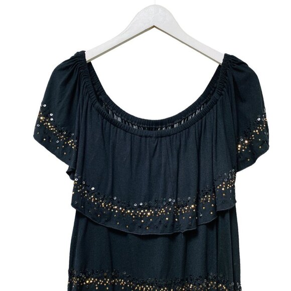 KAREN KANE Flowy Top Plus Size 2X Black Gold Sequined Ruffled Tier Peasant Tunic - Picture 8 of 9